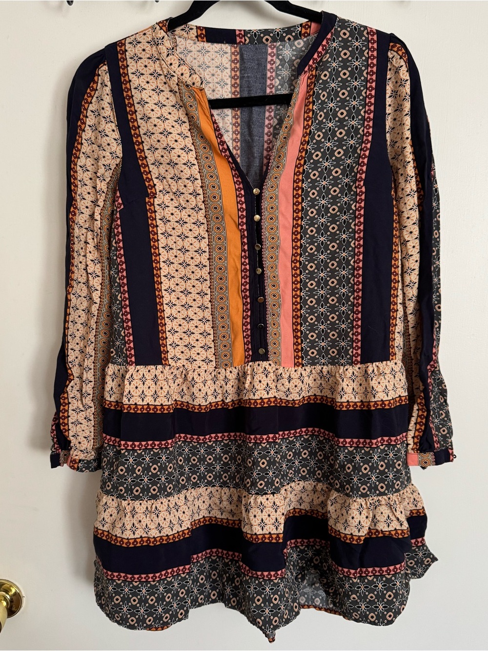 90s Style Boho Printed Patchwork Button Up Mini Dress